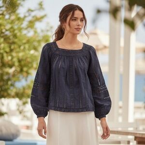 Sea New York Navy Blue Embroidered Eyelet Long Sleeve Cotton Blouse Top Size 10